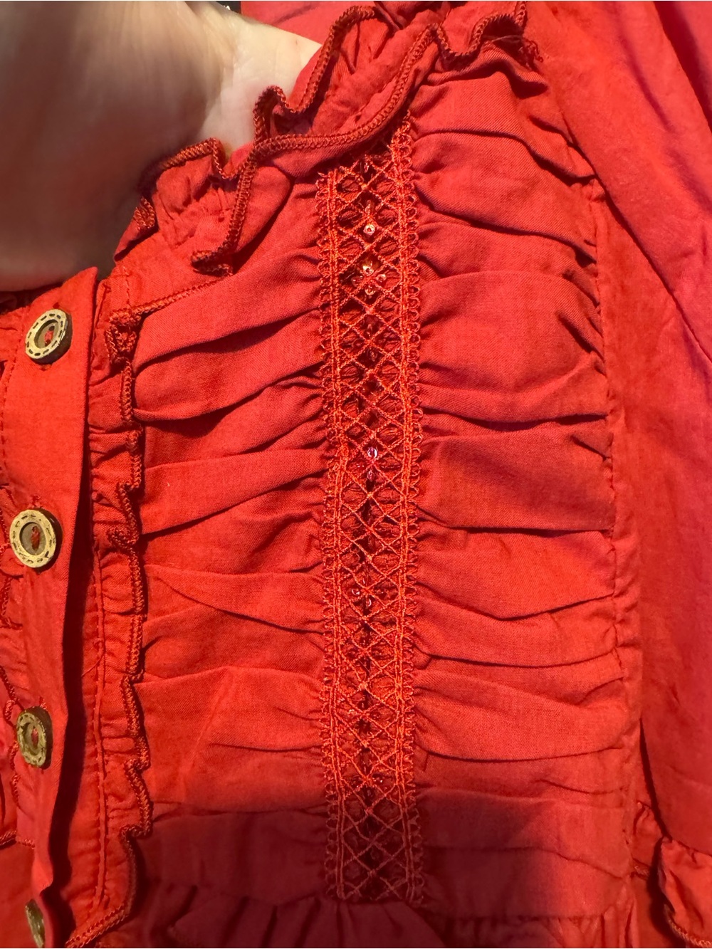 Red Ruffle Button-Front Peasant Blouse - Picture 6 of 12